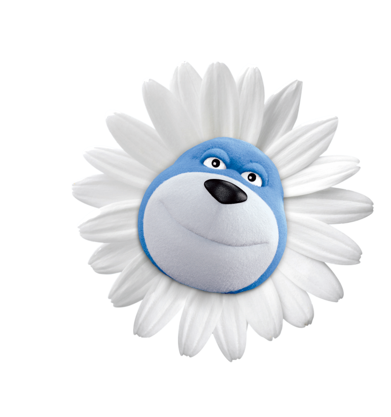 Bob l'ours bleu avec des pétales de fleurs faisant office de chevelure